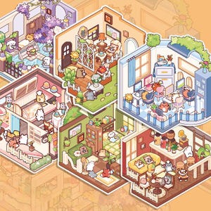 Puede incluir: Ilustración isométrica de varias habitaciones, cada una con un tema único y animales de dibujos animados. Las habitaciones incluyen una panadería, una sala de estar y una cafetería, todas con muebles y decoración detallados. La paleta de colores es suave y acogedora.