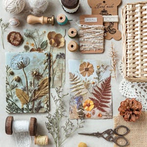 May include: A collection of craft supplies including two rectangular pressed flower art pieces, spools of thread, lace ribbon, a wax seal stamp, a wicker basket, a pinecone, and metal scissors. The items are arranged on a flat surface for display.