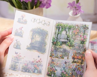 120+ pcs Watercolor PET Sticker book | Transparent Cottagecore Forest or Garden House Aesthetic Stickers for Journaling, Crafts and Pen Pal