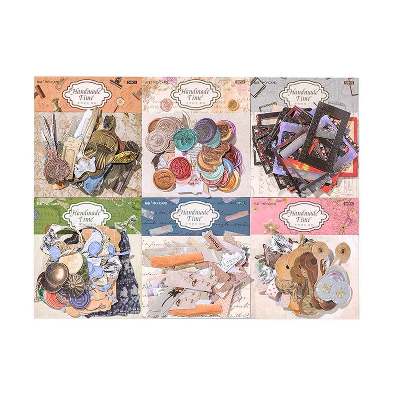 May include: Nine sets of decorative craft supplies, each with the words "Handmade Time." The sets include various embellishments like wax seals, frames, and vintage-style paper cutouts in a variety of colors and textures, ideal for scrapbooking.