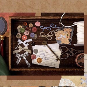 May include: A wooden tray filled with craft supplies, including colorful buttons, bows, scissors, a spool of white thread, and a vintage key. The arrangement includes a wax seal and a handwritten note, suggesting a theme of vintage crafting.