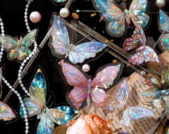 20 pegatinas de mariposa iridiscentes con lámina dorada / Paquete de pegatinas de mariposa con láser de cristal para diario, álbumes de recortes y manualidades elegantes.