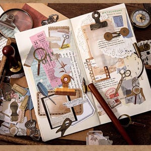 May include: A vintage-themed scrapbook layout with various ephemera. The composition includes a journal, magnifying glasses, paper clips, ticket stubs, and decorative elements. The color palette is warm, featuring browns, creams, and touches of pink and blue.