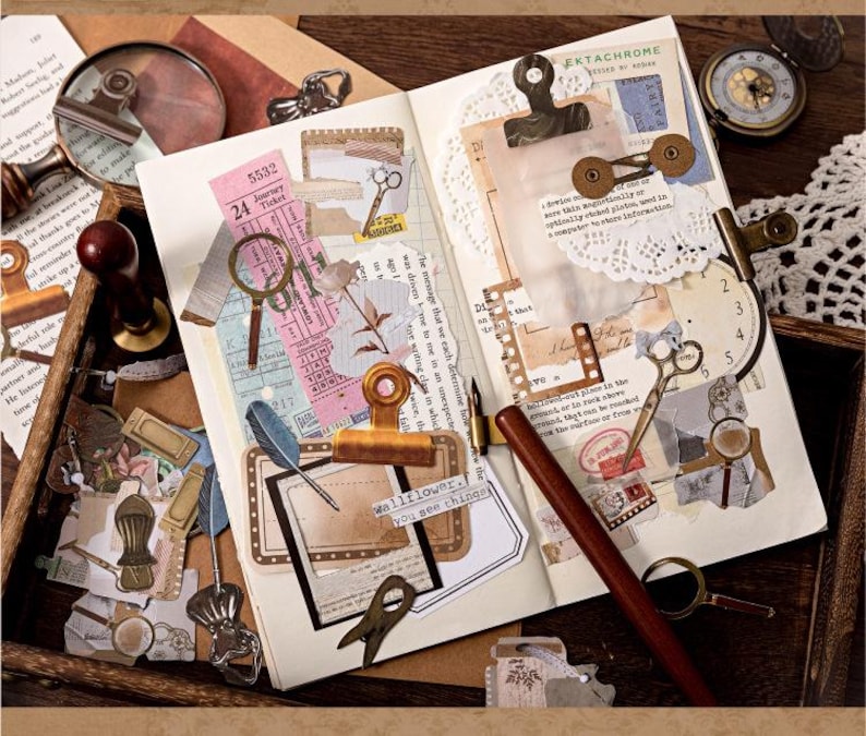 May include: A vintage-themed scrapbook layout with various ephemera. The composition includes a journal, magnifying glasses, paper clips, ticket stubs, and decorative elements. The color palette is warm, featuring browns, creams, and touches of pink and blue.
