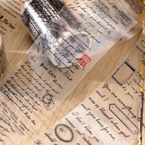 Transparent Poetic Script Laser Tape | 1 Roll Clear PET Washi with English Quote, Postmark Collage Elements, Junk Journal & Scrapbook Supply