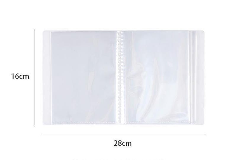 May include: A clear, open photo album with a white spine and binding. The album is 11 inches wide and 6.3 inches tall. The pages are transparent, and the album is empty. The album is on a white background.