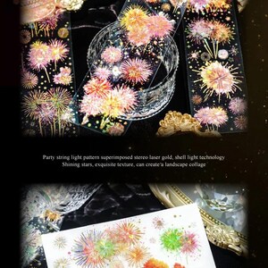 May include: Decorative stickers featuring colorful fireworks and landscape designs. The stickers showcase a variety of vibrant colors, including pink, yellow, green, and orange, with a black background. The text on the stickers reads: Party string light pattern superimposed stereo laser gold, shell light technology Shining stars, exquisite texture, can create a landscape collage.