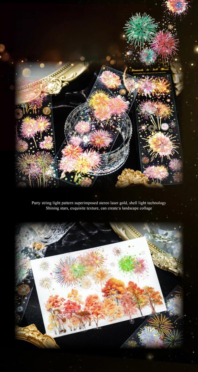 May include: Decorative stickers featuring colorful fireworks and landscape designs. The stickers showcase a variety of vibrant colors, including pink, yellow, green, and orange, with a black background. The text on the stickers reads: Party string light pattern superimposed stereo laser gold, shell light technology Shining stars, exquisite texture, can create a landscape collage.