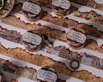 Burnt Edge Vintage Washi Tape Roll | Antique Newspaper & Ephemera Style Scrapbooking Stickers - 1 Roll