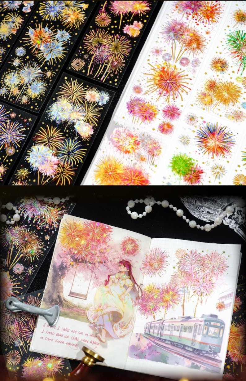3 Sheets Luxury Gold Fireworks PET Sticker | Transparent Foil Sparkle Planner Scrapbook Journal Decoration Celebration Party Decor image 6