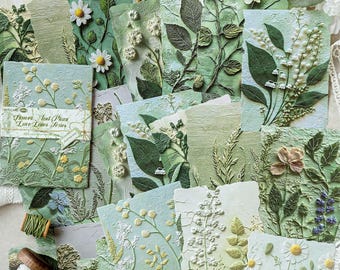 23pcs Botanical Paper Pack – 3 Embossed + 20 Background Papers | Flower Plant Series Retro Material Paper for Junk Journal Scrapbook Collage