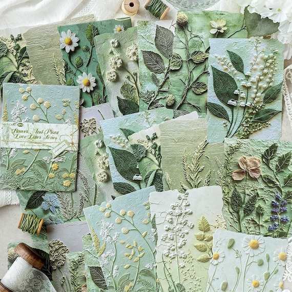 23pcs Botanical Paper Pack – 3 Embossed + 20 Background Papers | Flower Plant Series Retro Material Paper for Junk Journal Scrapbook Collage