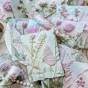 May include: A collection of rectangular paper cards featuring embossed floral and butterfly designs in soft pastel shades of pink, green, and cream. The textured surfaces display raised botanical illustrations, including roses, tulips, and wildflowers, accented by delicate white lace ribbon and a string of white pearls.