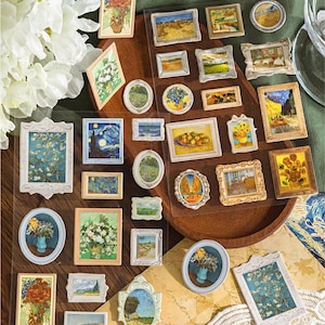 Adesivos de Moldura de Arte Van Gogh | Adesivos PET de Colagem de Obra-Prima com Molduras Barrocas – Decoração para Scrapbook e Diário - 2 Folhas (25 unidades)