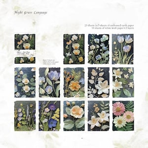 May include: A collection of stationery sheets titled Night Grass Language featuring botanical illustrations on dark backgrounds. The set includes 25 sheets of embossed earth paper and 10 sheets of white kraft paper, showcasing various floral designs.