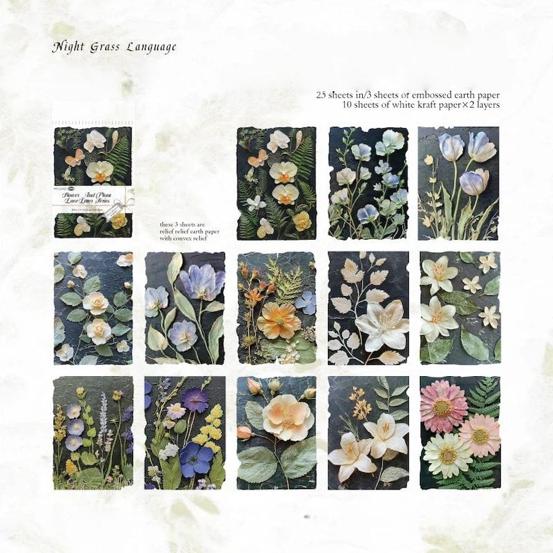 May include: A collection of stationery sheets titled Night Grass Language featuring botanical illustrations on dark backgrounds. The set includes 25 sheets of embossed earth paper and 10 sheets of white kraft paper, showcasing various floral designs.