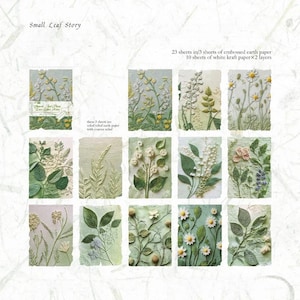 23pcs Botanical Paper Pack – 3 Embossed + 20 Background Papers | Flower Plant Series Retro Material Paper for Junk Journal Scrapbook Collage Green