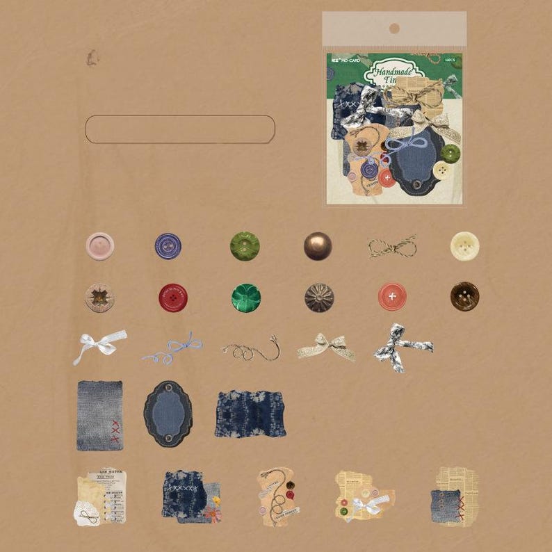 May include: A collection of craft supplies, including buttons, bows, and denim patches, arranged on a brown background. The image includes a package labeled "Handmade Tin" with various embellishments. A variety of buttons in different colors and textures are scattered around.