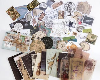 60 pcs Junk Journal Ephemera Kit – Astrology, Vintage Travel, Botanical & Retro Collage | Stickers, Tags, Cards and Papers for Scrapbooking
