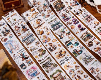 Vintage Coffee Shop Laser Washi Tape | Holographic Cafe-Themed Sticker Tape for Journaling, Scrapbooking, Planner, Pen Pal Decor - 1 Roll