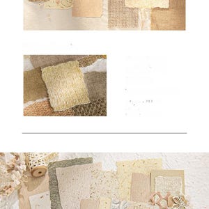 May include: A collection of handmade paper sheets in various neutral tones, including beige, cream, and light brown. The papers have different textures and patterns, some with floral and leaf designs, and are arranged on a white surface.