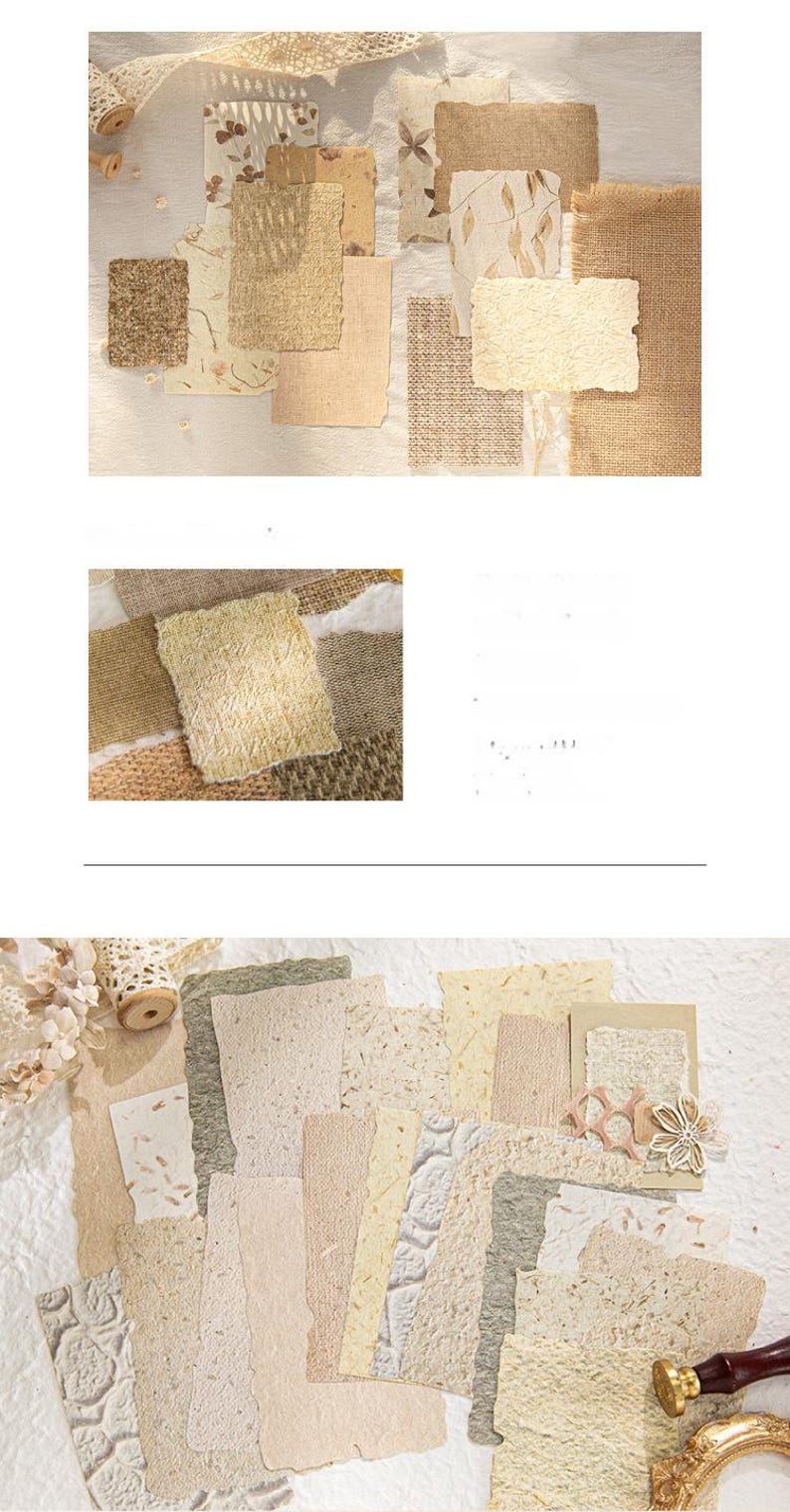 May include: A collection of handmade paper sheets in various neutral tones, including beige, cream, and light brown. The papers have different textures and patterns, some with floral and leaf designs, and are arranged on a white surface.