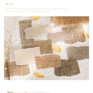 May include: A collection of fabric swatches in various neutral tones, including beige, tan, and brown, arranged on a textured white surface. The swatches have torn edges and different woven patterns. The image includes text that reads: "There isn't a setback and comes with a smile, but there are some setbacks can be conquered in a smile."