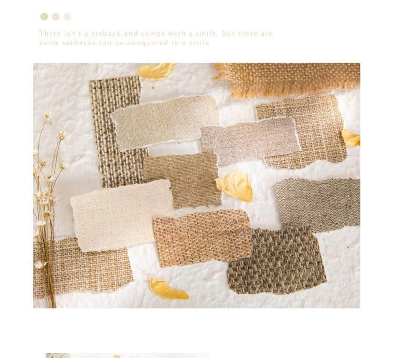 May include: A collection of fabric swatches in various neutral tones, including beige, tan, and brown, arranged on a textured white surface. The swatches have torn edges and different woven patterns. The image includes text that reads: "There isn't a setback and comes with a smile, but there are some setbacks can be conquered in a smile."