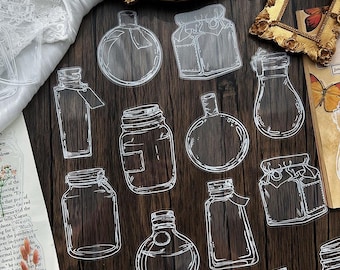 30 pcs Clear Bottle PET Stickers | Transparent Outline Jar Stickers for Junk Journaling, Collage, Scrapbooking, Layering & Mixed Crafts