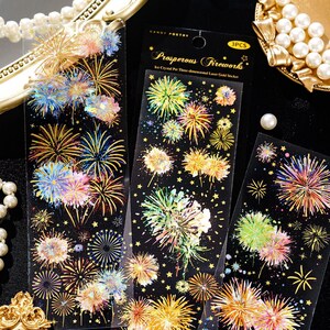 3 Sheets Luxury Gold Fireworks PET Sticker | Transparent Foil Sparkle Planner Scrapbook Journal Decoration Celebration Party Decor image 3