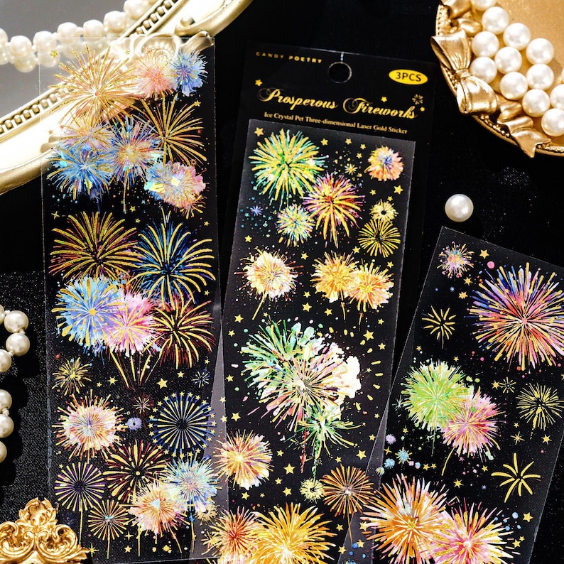 3 Sheets Luxury Gold Fireworks PET Sticker | Transparent Foil Sparkle Planner Scrapbook Journal Decoration Celebration Party Decor image 3