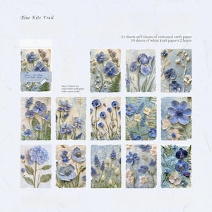 May include: A collection of 20 sheets of embossed earth paper and 10 sheets of white kraft paper featuring Blue Kite Trail designs. The paper sheets display various floral illustrations in shades of blue, white, and green with convex relief.