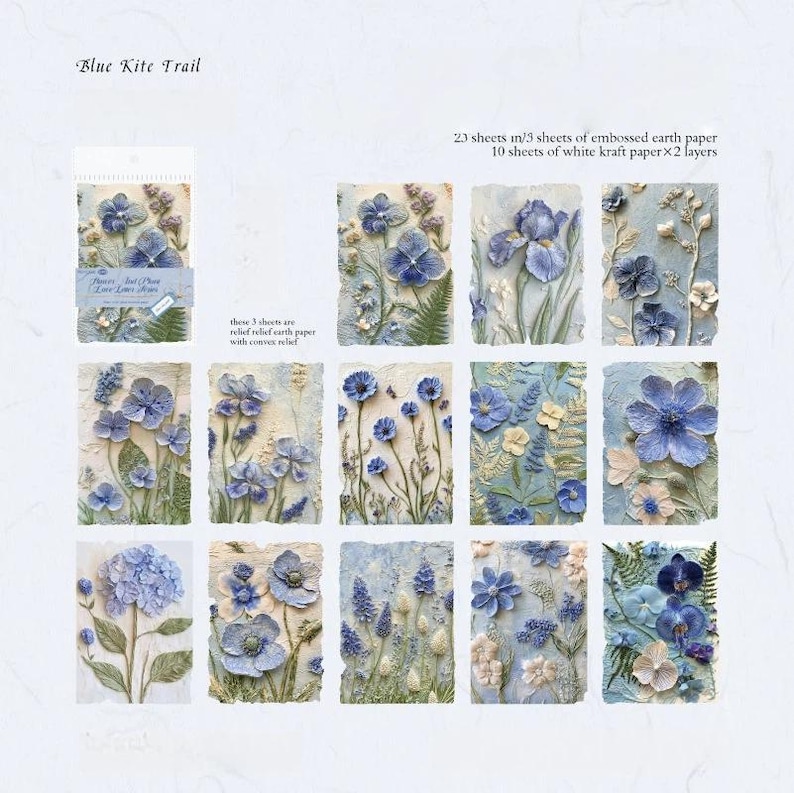 May include: A collection of 20 sheets of embossed earth paper and 10 sheets of white kraft paper featuring Blue Kite Trail designs. The paper sheets display various floral illustrations in shades of blue, white, and green with convex relief.