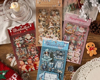6 Sheets Watercolor Christmas Stickers | Vintage Holiday Decor Pack | Santa Snowman Xmas Tree Winter Journal Scrapbook Planner