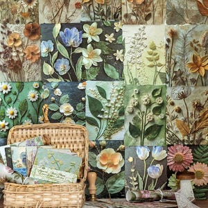 May include: A collection of rectangular wall art panels featuring raised, textured botanical reliefs of various flowers and foliage in shades of green, brown, blue, and white, displayed with a woven wicker basket containing similar art prints.