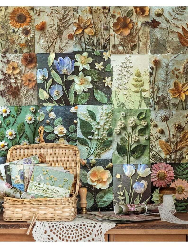 May include: A collection of rectangular wall art panels featuring raised, textured botanical reliefs of various flowers and foliage in shades of green, brown, blue, and white, displayed with a woven wicker basket containing similar art prints.
