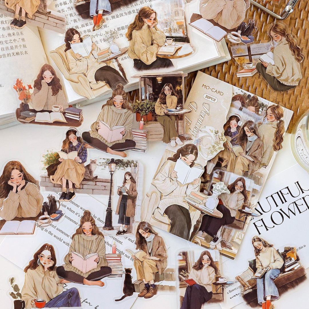 30 Pcs Cozy Reading Girl Sticker Pack | Aesthetic Book Lover Stickers ...