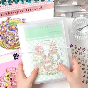 Può includere: Un raccoglitore di plastica trasparente con adesivi colorati a tema stravagante. Gli adesivi presentano illustrazioni di un parco giochi, panda e altri simpatici personaggi. Il raccoglitore è fissato con un elastico bianco.