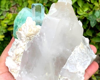 Sky Blue Aquamarine With Smoky Quartz Bunch On Feldspar From