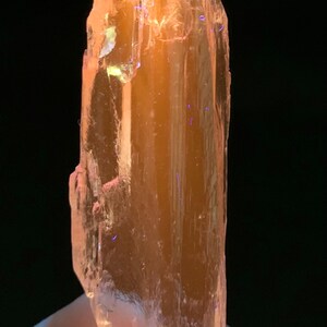 Pu&ograve; includere: Un cristallo translucido di colore arancio-rosa con una forma rettangolare allungata. Il cristallo ha una superficie liscia e lucida ed &egrave; leggermente translucido.