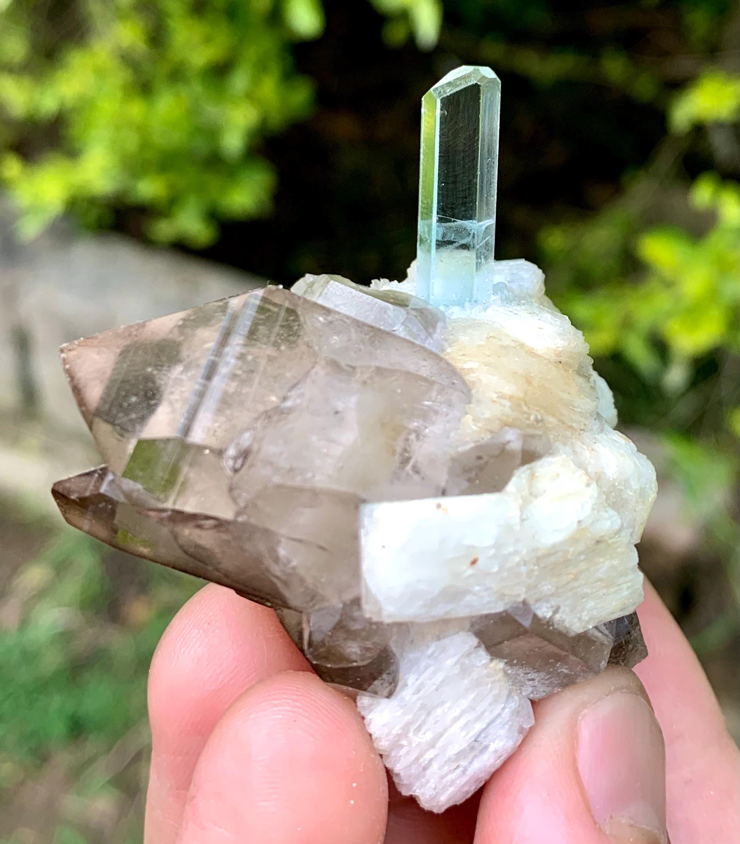 Sky Blue Aquamarine With Smoky Quartz Bunch On Feldspar From