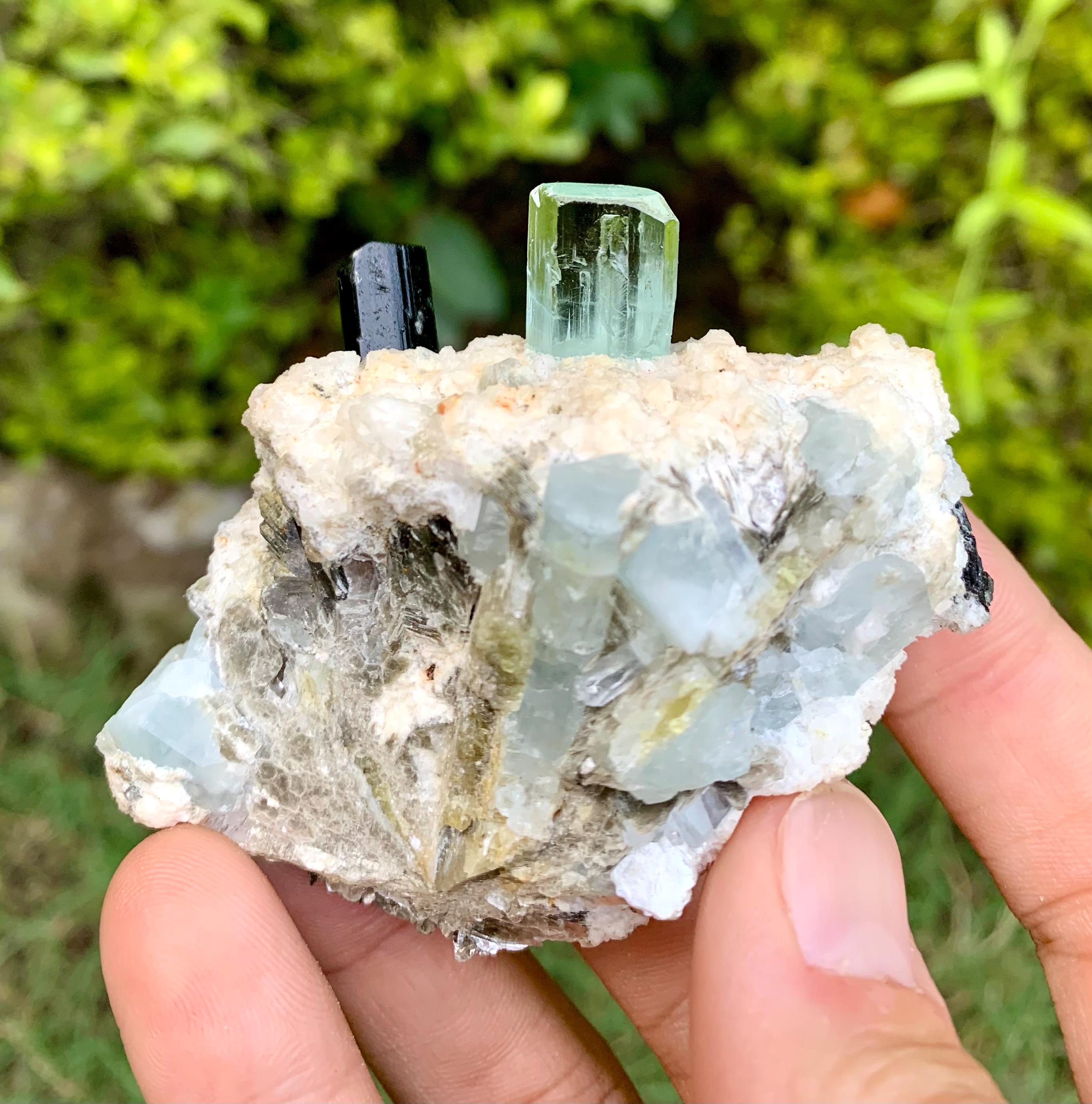 スカイブルーアクアマリンとブラックトルマリン：パキスタンのシガー