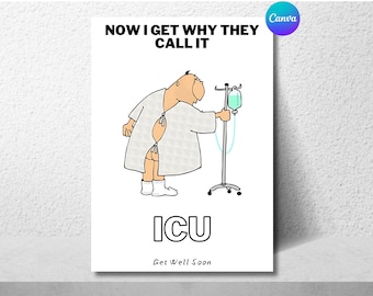 May include: A humorous get well soon card featuring a cartoon illustration of a person in a hospital gown with an IV drip. The card reads "Now I get why they call it ICU. Get Well Soon."