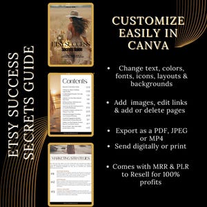 Może przedstawiać: Cyfrowy przewodnik zatytułowany "Etsy Success Secrets Guide" z kobietą w polu na okładce. Przewodnik zawiera spis treści i strategie marketingowe. Tekst na obrazku m&oacute;wi "Dostosuj łatwo w Canva".