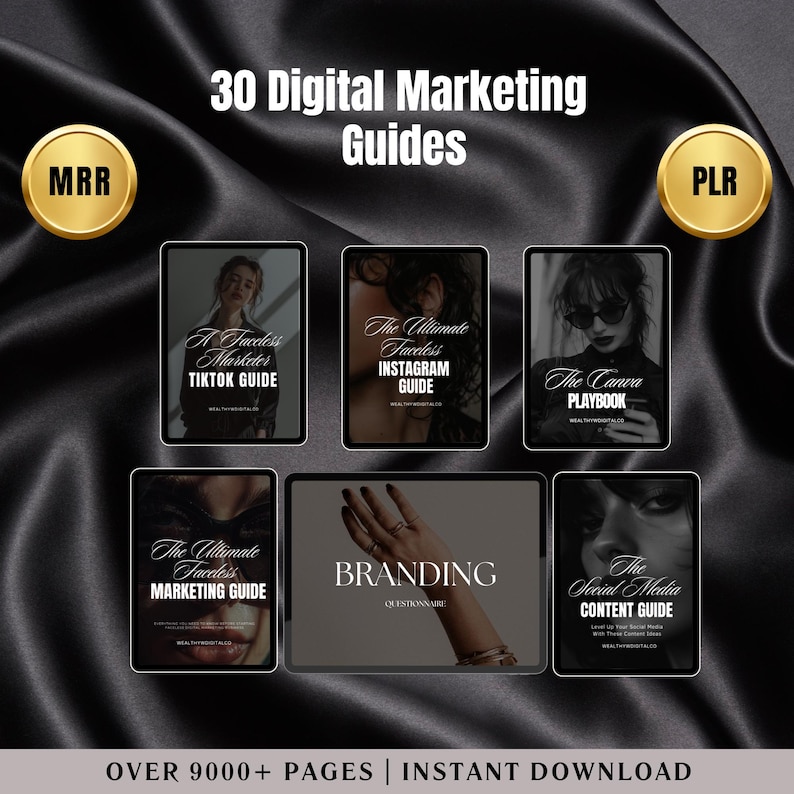 May include: A collection of 30 digital marketing guides, covering topics such as TikTok, Instagram, Canva, branding, and social media content. The guides are available for instant download and contain over 9000 pages of information.