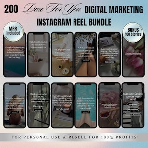 May include: A collage of 10 phone screens showing different Instagram reel ideas for digital marketing. The text on the screens includes phrases like "Digital Wealth Creation", "My 2024 Mantra", "POV: You Promised Yourself Wealth", "I Stopped Letting Fear Stop Me", "Think You Need To Be Front And Center To Make Money Online? Think Again", "Hey Introvert Friends, 2024 Is Calling Your Name", "POV: You Realize That Because You Started An Online Business You Are Going To Have The Best Year Of Your Life", "Want Your Faceless Account To Go Viral?", "Secrets To Crafting Captions That Sell Like Crazy", "Who Said Some Products Fall Flat? Here's What You're Doing Wrong". The text at the top of the collage reads "200 Done For You Digital Marketing Instagram Reel Bundle" and "Bonus 100 Stories". The text at the bottom of the collage reads "For Personal Use & Resell For 100% Profits".