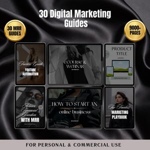 May include: A collage of nine digital marketing guides with titles such as "Faceless Guide: YouTube Automation", "Ecourse & Webinar", "Product Title", "Achieve Financial Freedom with MRR", "How to Start an Online Business", and "The Faceless Marketing Playbook". The image also includes the text "30 Digital Marketing Guides", "30 MRR Guides", and "9000+ Pages".