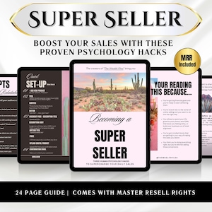Könnte beinhalten: Ein digitaler Produktführer mit dem Titel "Werde ein Superseller" mit einem Wüstenlandschaft-Hintergrund. Der Leitfaden enthält drei psychologische Hacks für Menschen, um den täglichen Umsatz zu steigern. Der Text "Du liest das, weil..." ist auf dem Cover zu sehen.