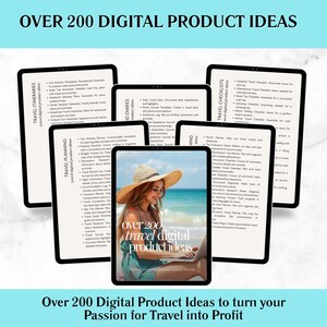 May include: A collection of black tablets displaying travel-related digital product ideas. The central tablet features a woman with a laptop, the text "over 200 travel digital product ideas," and the tagline "Creative Ideas for Earning Passive Income."
