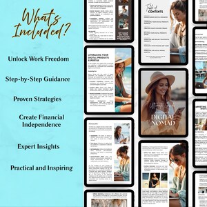 May include: A digital product guide with the title "Ultimate Guide to Becoming a Digital Nomad" is displayed on a tablet. The image also includes text that says "What's Included?" and lists benefits like "Unlock Work Freedom" and "Create Financial Independence."